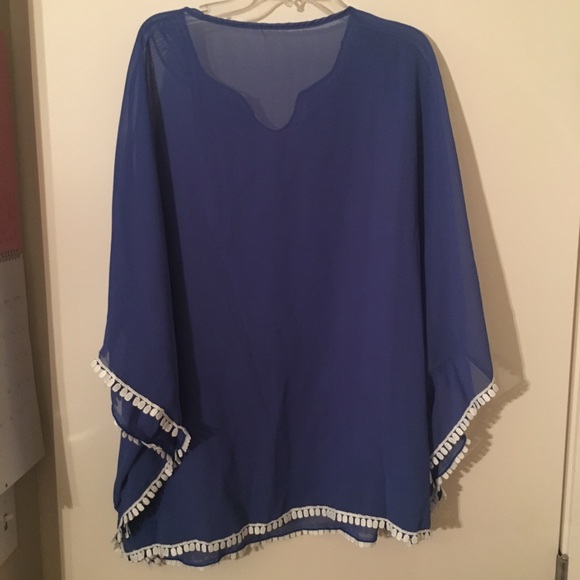 Blue sheer swimsuit coverup with fringe detail OS - Picture 2 of 2